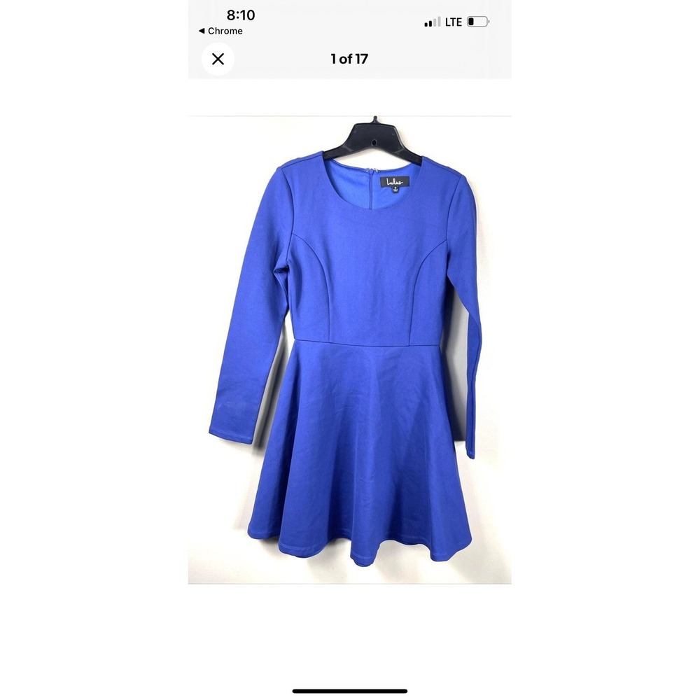 Lulus Dress Womens Small Royal Blue Knee Length Long Sleeve Fit Flare